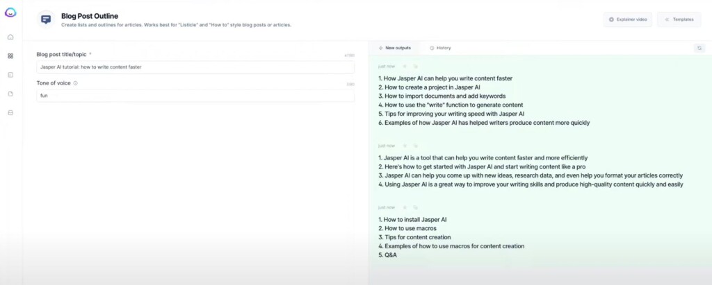 Jasper AI Blog Post Outline Generator