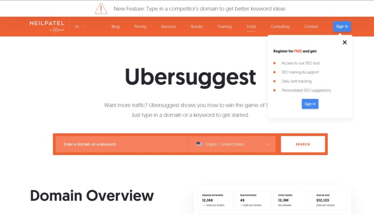 Ubersuggest review Homepage