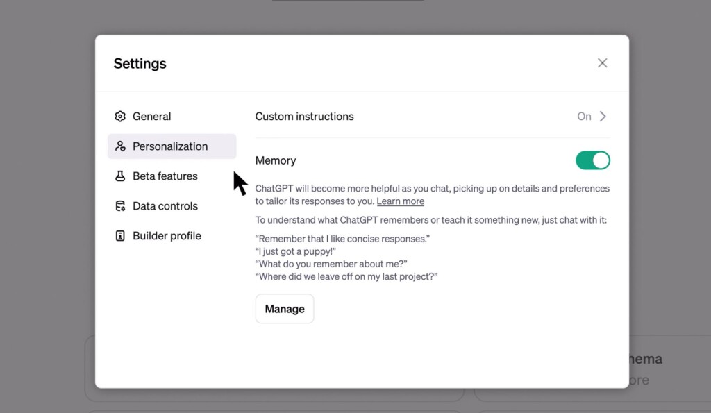 Turn on memory feature in chatGPT
