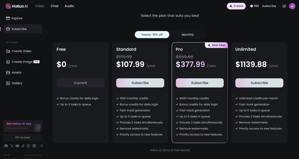 Hailuo ai Pricing