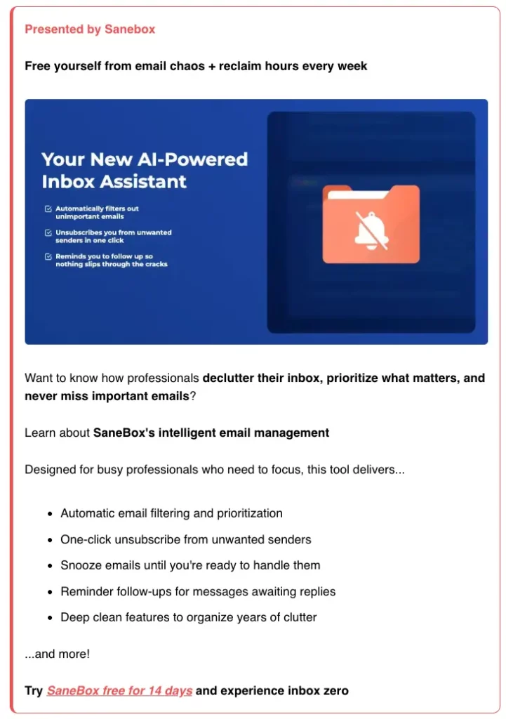 Sanebox ad example on hiPreneurs
