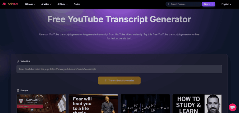 Arting ai youtube transcript generator homepage