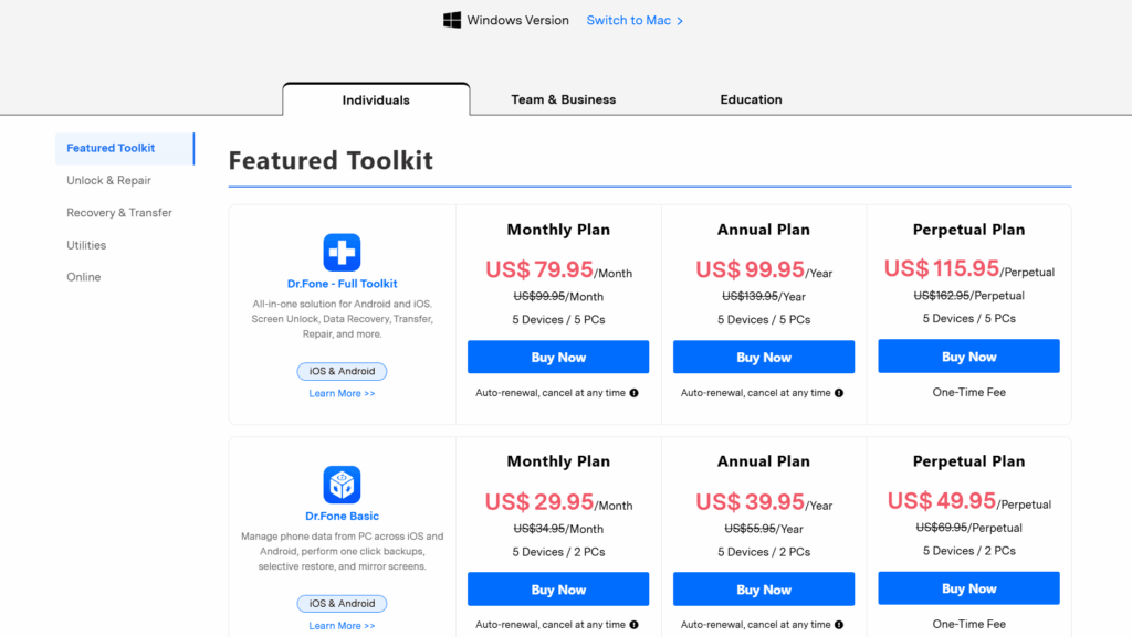 drfone wondershare pricing