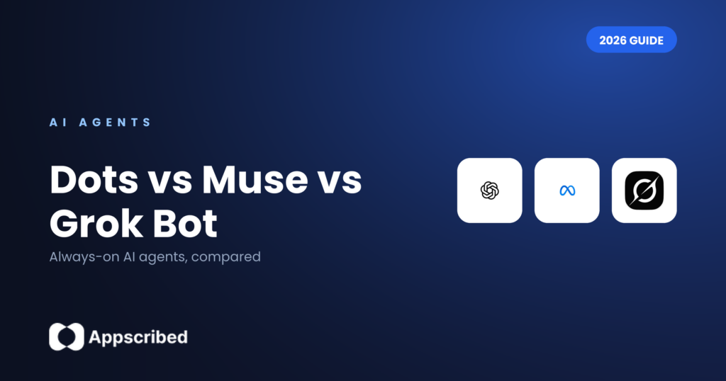 Dots vs Muse vs Grok Bot: always-on AI agents compared - Appscribed 2026 guide