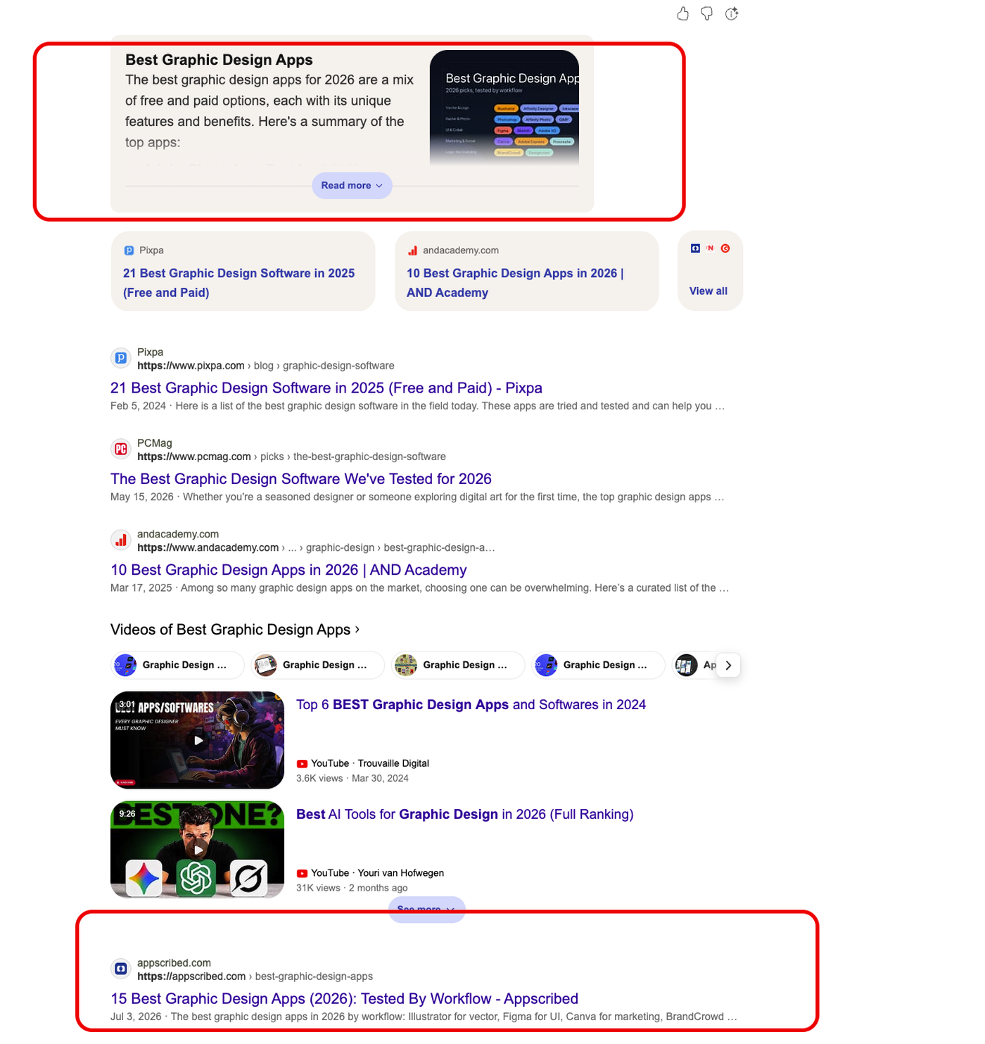Bing Copilot citing Appscribed as a source for the best graphic design apps