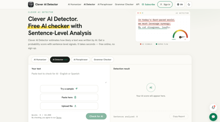 Clever AI Detector page with a text box, Check for AI button and sentence-level analysis panel
