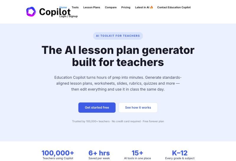Education Copilot homepage: the AI lesson plan generator built for teachers
