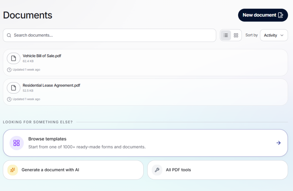 Lumr's Documents screen with two saved files, a link to browse 1000+ ready-made forms and documents, and a Generate a document with AI option.