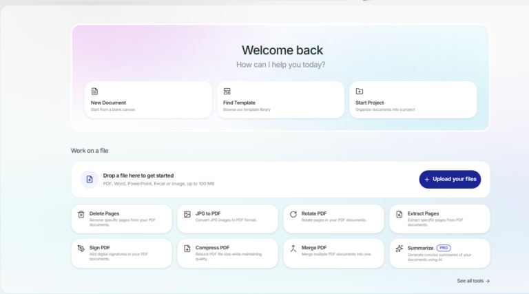 Lumr's home screen with a file drop area that accepts PDF, Word, PowerPoint, Excel or image files up to 100 MB, and tool cards for merge, sign and compress.
