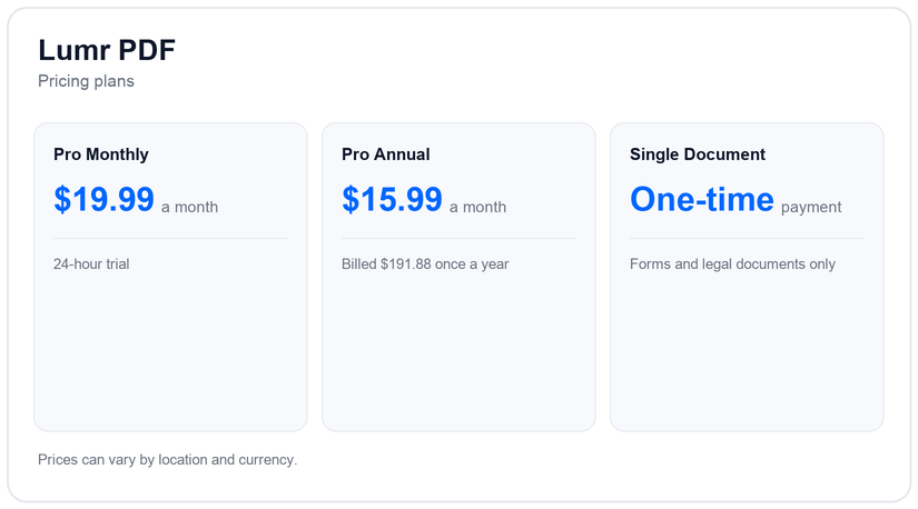 Lumr pricing: Pro Monthly, Pro Annual and Single Document.