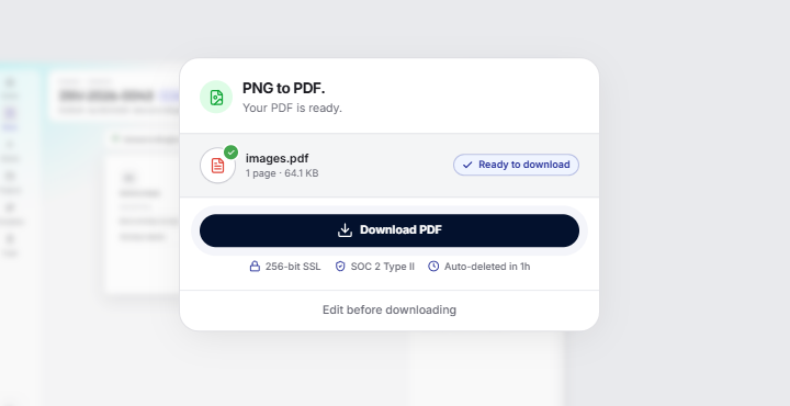 Lumr PNG to PDF result screen with a Download PDF button