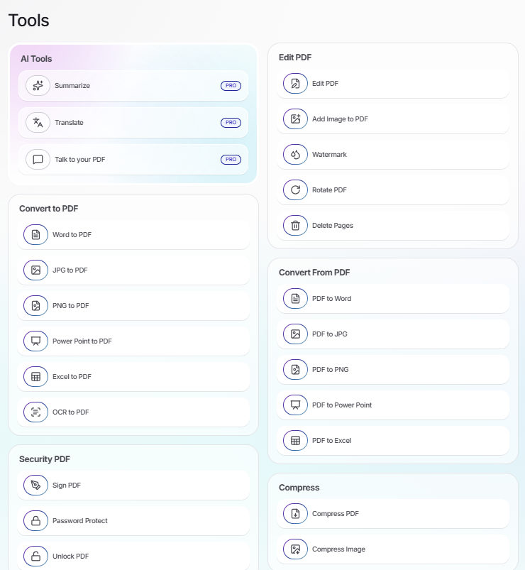 Lumr's Tools menu, with AI tools marked Pro, convert to PDF, edit PDF, security, convert from PDF and compress tools.